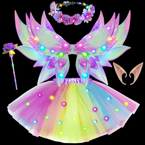 G.C Leuchtende Feenkostüm Mädchen LED Feenflügel mit Tutu Tüllrock Blumenkranz Zauberstab Elfenohren Fee Kostüm Kinder Faschingskostüm Halloween Karneval Kostüm für Mädchen (Lila) von G.C