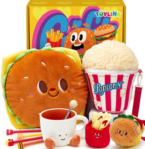 G.C Plüschtier Burger Pommes, Plüsch Geschenk Mädchen Jungen 5 6 7 8 9 Jahre mit Burger Kissen, Popcorn Umhängetasche, Kaffeetasse, Kreatives Spielzeug Geschenke für Kinder Geburtstag Weihnachten von G.C