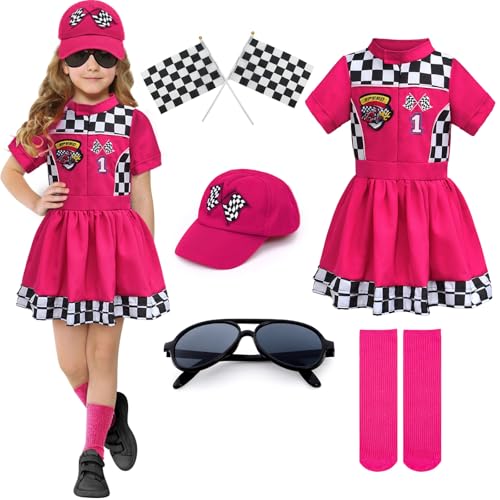G.C Rennfahrer-Kostüm für Jungen und Mädchen, Rennfahrer-Kostüm für Kinder, Rennfahrerkleid, Rot-Rosa, Accessoires, Automütze, Kniestrümpfe, Sonnenbrille von G.C