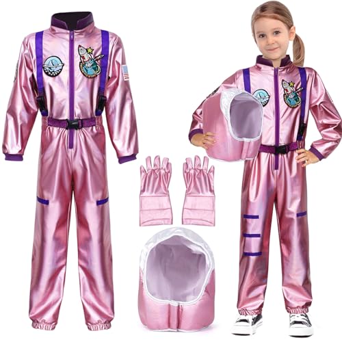 G.C Rosa Astronaut Kostüm für Kinder Mädchen Astronaut Overall mit Helm Handschuhe Weltall Raumfahrer Rollenspiel Halloween Cosplay Party Karneval Kostüm Faschingskostüme (M, 10-12 Jahre) von G.C