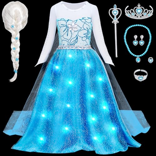 LED Leuchtend Elsa Kostüm Mädchen Eiskönigin Prinzessin Kleid mit Elsa Perücke Prinzessin Krone Faschingskostüm Weihnachten Geburtstag Halloween Kostüm Karneval Verkleidung Kinder (140, 8-10 Jahre) von G.C