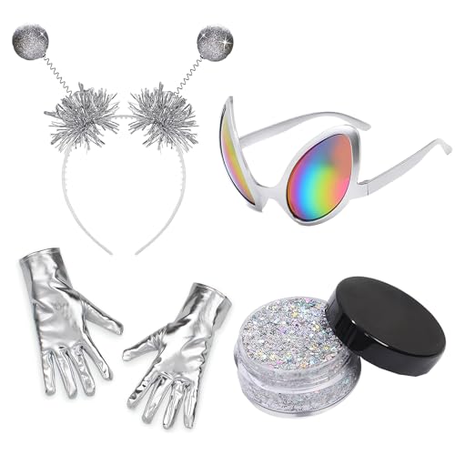 4 Stück Alien Kostüm Damen, Alien Haarreif mit Alien Brille Alien Handschuh Glitzer Zubehör, Glitzer Alien Haarreif Karneval Space Girl Kostüm Damen Weltall Kostüm für Fasching Discokugel Kostüm 4 Stück Alien Kostüm Damen, Alien Haarreif mit Alien Brille Alien Handschuh Glitzer Zubehör, Glitzer Alien Haarreif Karneval Space Girl Kostüm Damen Weltall Kostüm für Fasching Discokugel Kostüm von GADITIEK