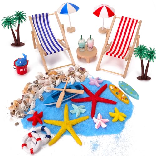 GADITIEK 26 Stück Chic Strand-Mikrolandschaft Miniliegestuhl Strandkorb Sonnenschirm Kleine Palme Deko Accessoires, Strand deko Miniatur Set für DIY, Zen Garten Dekoration, Liegestuhl Miniatur deko von GADITIEK