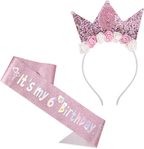 GADITIEK Geburtstagskrone, Geburtstagskrone Kinder, Geburtstag Kronen Mädchen Stirnband für 3/4/5/6 Jahre, Geburtstagsgirlande Kinder mit Rosa Schleife Schulterriemen (6 Jahre) von GADITIEK