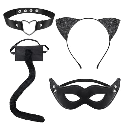 GADITIEK Katzenkostüm Damen - Schwarze Katze Kostüm Zubehö Damen - Katzenohren Haarreif Erwachsene, Katzenschwanz, Katzen Maske & Leder Halskette Set Für Halloween Karneval Party Cosplay GADITIEK Katzenkostüm Damen - Schwarze Katze Kostüm Zubehö Damen - Katzenohren Haarreif Erwachsene, Katzenschwanz, Katzen Maske & Leder Halskette Set Für Halloween Karneval Party Cosplay von GADITIEK