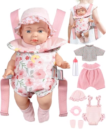 GAGAKU 30cm Puppe für Mädchen Tragezubehör, Reborn Baby Dolls inklusive Babytrage,Flaschen,Schnuller,Beißring,Socken,Mütze, Kleidungsset Erste Babypuppen für Kleinkinder ab 36 Monaten Geschenk von GAGAKU