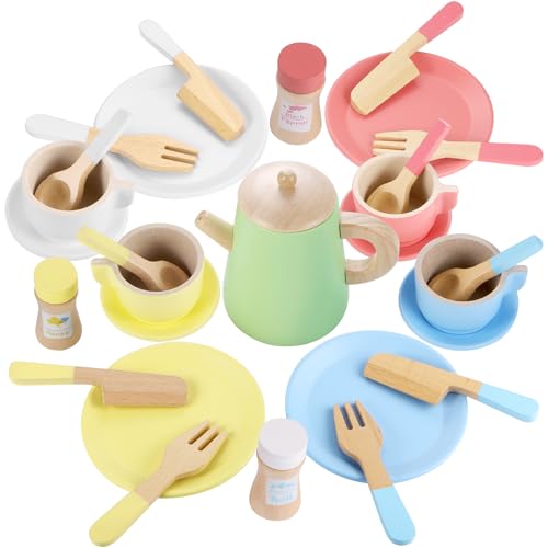 GAGAKU Kinder Geschirr-Set aus Holz, Spielküchen-Zubehör mit Teller und Besteck, mit Holzständer von GAGAKU