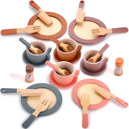 GAGAKU Geschirrset aus Holz Kinder Kinderküchen Spielküche Zubehör Küchenzubehör Kinder Holz - Macron Farbe von GAGAKU