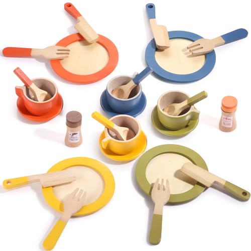 GAGAKU Holzspielzeug Teller und Untertassen für Küche Set, Küchenspielzeug für Mädchen und Jungen, Holzspielzeug für Küche Zubehör von GAGAKU