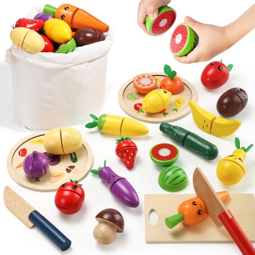 GAGAKU Hölzerne Spiellebensmittel-Sets für Kinder, Pretend Food Play Kitchen Cutting Fruits Vegetables Toys von GAGAKU