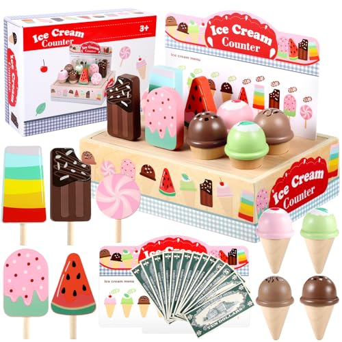 GAGAKU Holz Eiscreme-Spielset - 26-teiliges Rollenspiel für Kinder ab 3 Jahren, mit Spielgeld & Speisekarte, Montessori Lernspielzeug für feinmotorische Fähigkeiten, Geschenk für Jungen & Mädchen von GAGAKU