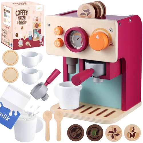 GAGAKU Kaffeemaschine Kinder Holz, Montessori Spielzeug ab 3 Jahre mit Milchkännchen & Zubehör, Lernspielzeug Rollenspiel Geburtstagsgeschenk für Jungen Mädchen von GAGAKU