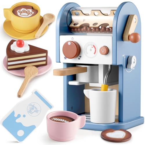 GAGAKU Kaffeemaschine Kinder Holz mit Sound 15 Teile Kinderküche Spielzeug mit Geräusch Kinderkaffee Kinder Küche Spielküchen Zubehör Kaffeemühle Geschenke für Jungen und Mädchen ab 3 Jahre (Blau) von GAGAKU
