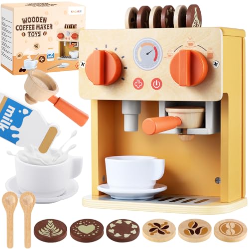 GAGAKU Kaffeemaschine Kinder aus Holz - Kaffeemaschine Spielzeug in Leuchtend Orange - Mit Zubehör für Kinderküche - Lernspielzeug für Rollenspiele & Feinmotorik von GAGAKU