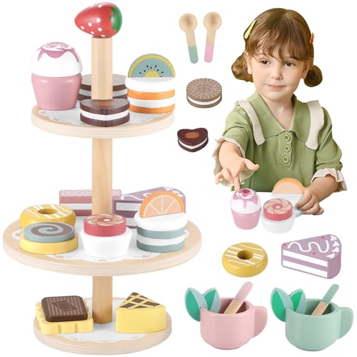 GAGAKU Kinderküche Dessert Holz Kaufladen Kinderküche Zubehör Teeservice Kinder Lebensmittel Spielzeug von GAGAKU