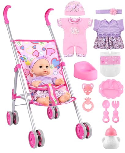 GAGAKU Puppenwagen Set mit 30cm Puppe & Zubehör, Spielzeug-Buggy faltbar für Mädchen ab 1 2 3 4 5 6 Jahre, Baby Puppenwagen für Kinder, mit 30cm Puppe & Accessoires von GAGAKU