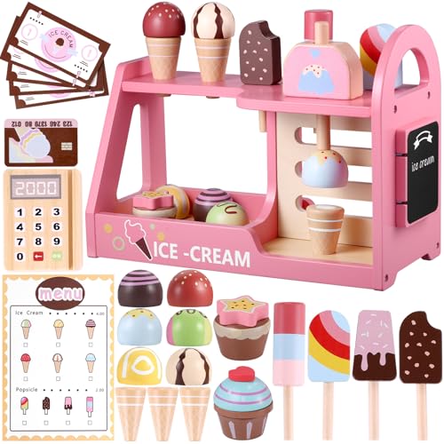 GAGAKU 24 Stück Hölzernes Eiscreme Spiel Set - Pretend Play Küche für Kleinkinder - Eiscreme Shop Playset - Geschenke für 3-8+ Jahre Mädchen Jungen von GAGAKU