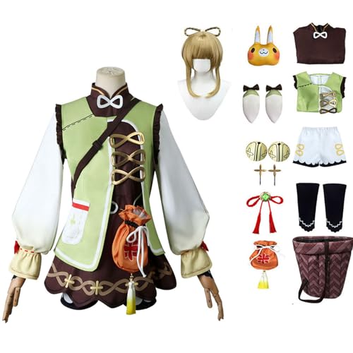 GAGALU Genshin Impact Cosplay Set,Spiel Charakter Yaoyao Cosplay Uniform Full,Halloween Karneval Party Kleid,Mit Perücke Korbpuppe,Frauen Mädchen Dress Up,Grün,130 von GAGALU