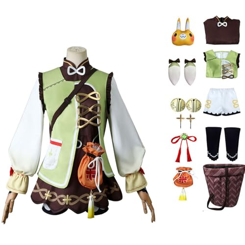 GAGALU Genshin Impact Cosplay Set,Spiel Charakter Yaoyao Cosplay Uniform Full,Halloween Karneval Party Kleid,Mit Radieschen, Körbchen, Puppen.Frauen Mädchen Dress Up,Grün,110 von GAGALU