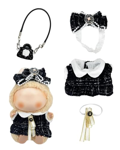 GAJUS 1PCS 17 cm Kleidung Kompatibel mit Laabubu Puppen, 17 cm Schwarze Puppenkleidung Zubehör mit Kleid Tasche Schleife Haarspange,Jungen und Mädchen (Puppe) von GAJUS