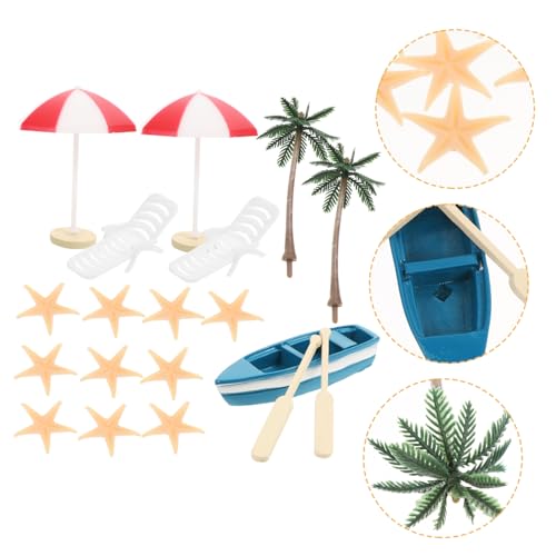 GALPADA 17 Stück Teiliges Miniatur Stranddekor mit Mini Liegestühlen Sonnenschirmen Kunststoff Seesternen Kokospalmen und Mini Boot für Garten Puppenhaus und Fotografie Zufällige Farbe von GALPADA
