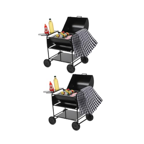GALPADA 2 Sätze Miniatur BBQ Grill Set Teilig Schwarz Metall Modell mit Spiel Essen für Puppenhaus Outdoor Simulation Realistische Küchendeko Zubehör zum Rollenspiel von GALPADA