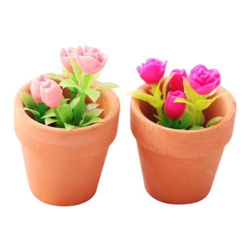GALPADA 2 Stück Miniatur Puppenhaus Zubehör Teiliges Miniaturrosen Blumentopf Dekoration für Puppenhaus Möbel Realistische Grüne Pflanzen Lebendige Spieldekoration von GALPADA