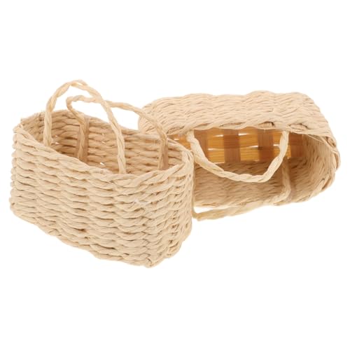 GALPADA 2 Stück Miniaturkorb mit Griffen Handgeflochtene Kleine Rattankörbe für Puppenhaus Dekoration Quadratisch Oval Vielseitig Verwendbar für Hochzeitsdeko Mini Obstkorb Naturbeige von GALPADA