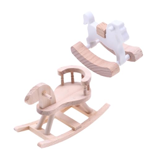 GALPADA 2 Stück Teiliges Miniatur Schaukelpferd aus Holz Naturbelassen und Weiß Handgefertigte Puppenhaus Dekoration Langlebiges Spielzeugpferd Modell für Puppenmöbel und Babyzimmer von GALPADA