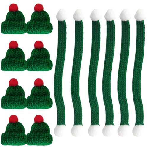 GALPADA 20 Stück Teiliges Mini Weihnachtsmützen Gestrickten Mützen Grün mit Rotem Bommel und Grünen Schals Handgemachte Deko für Puppen DIY-bastelbedarf Festliche Weihnachtsdeko von GALPADA