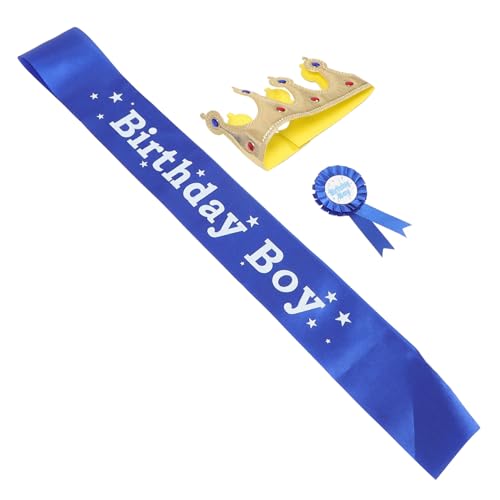 GALPADA 3 Stück Geburtstagskrone Set für Jungen mit Schärpe und Anstecker Krone und Sash Partydekoration für Kindergeburtstag Langlebig Charmant für Festliche Anlässe von GALPADA
