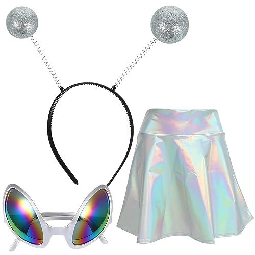 GALPADA Damen Metallic Rock Alien Gläser Alien Stirnband Antenna Ball Bopper Glänzender Holographischer Rock Mini Kleid Halloween Alien Kostüm für Mädchen Dame Erwachsene Kinder Kinder von GALPADA