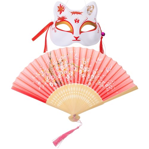 GALPADA Fuchs-Maske Tier-Cosplay-Halbgesichts-Katzenmaske Mit Japanischem Bambus-Faltfächer Kostüm-Maske Für Maskenball Party Karneval Rot von GALPADA