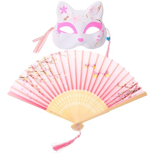 GALPADA Fuchs-Maske Tier-Cosplay-Halbgesichts-Katzenmaske Mit Japanischem Bambus-Faltfächer Kostüm-Maske Für Maskenball Partybevorzugung Karneval Rosa von GALPADA