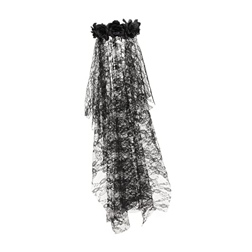 GALPADA Halloween Haarschmuck mit Langem Schleier und Rosenblüten Schwarzes Blumenhaarband für Festliche Anlässe und Partys für Damen und Cosplay Aktivitäten von GALPADA