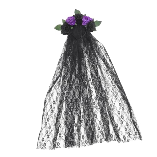 GALPADA Halloween Rosen Haarreif mit Langem Spitzen schleier Cosplay Haarschmuck für Damen Halloween Party Accessoire in Schwarz Geeignet für Tag der Toten Kostüm und Fotorequisiten von GALPADA
