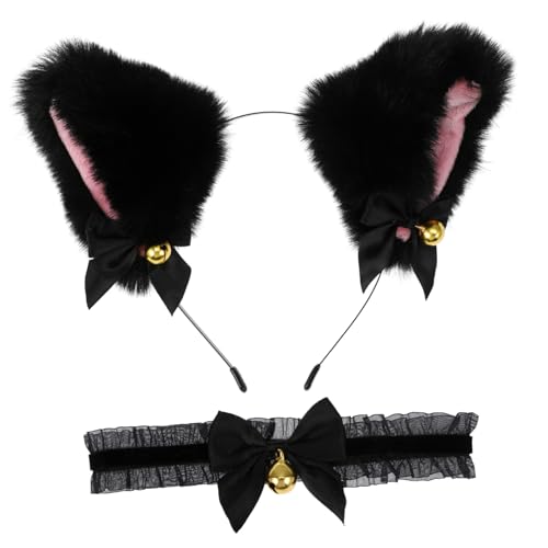 GALPADA Katze Ohren Haarreif und Set Verstellbar mit Schwarzem Fell und Schwarzer Spitze Schleife Glocke Leichtes Cosplay Zubehör für und Mädchen für Kostüm und Partyoutfits GALPADA Katze Ohren Haarreif und Set Verstellbar mit Schwarzem Fell und Schwarzer Spitze Schleife Glocke Leichtes Cosplay Zubehör für und Mädchen für Kostüm und Partyoutfits von GALPADA