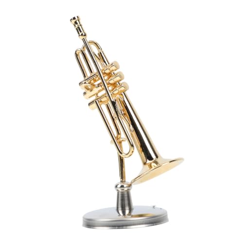 GALPADA Kupfer Mini Trompetenmodell mit Vergoldung Detailgetreues Blasinstrument Miniatur für Puppenhaus Dekoration Stilvollem Aufbewahrungsbox und Sockel Perfektes Mini House Zubehör von GALPADA