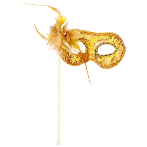 GALPADA Maskerade-Maske Auf Einem Stock Gefiederte Venezianische Maske Karneval-Halbmaske Mit Feder Für Frauen Abschlussball Halloween Cosplay Party Golden von GALPADA