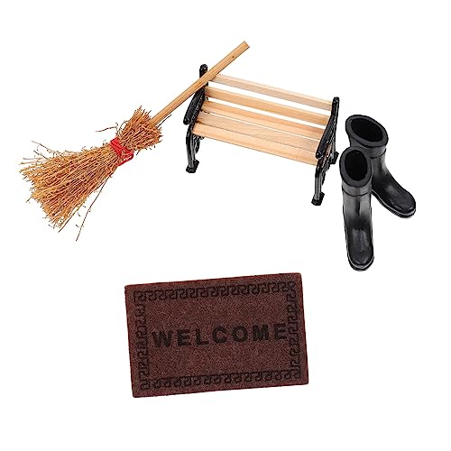 GALPADA Miniatur Puppenhaus Dekoration mit Mini Stiefel Mini Besen Braunem Teppich und Holzparkbank für Sammler Farbenfroh und Vielseitig Einsetzbar von GALPADA