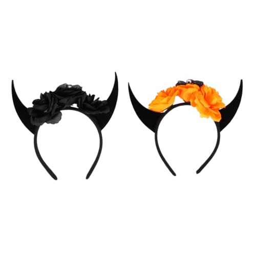 GANAZONO 2 Stück Halloween Haarreif mit Hörnern Blumen und Totenkopf Stoff Kopfband für Damen Bequemes Kostümzubehör für Halloween und Cosplay Partys Auffälliges Party Accessoire von GANAZONO