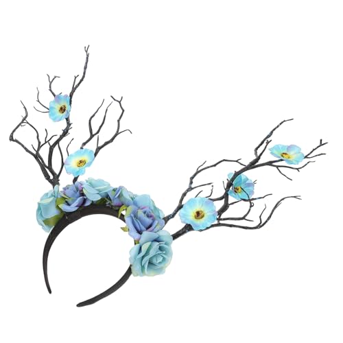 GANAZONO Deer Horn Haarreif mit Blauer Rosenblüte Originelles Festival haarband Strapazierfähiges Stirnband für Party Kostüm und Bühnenauftritt Auffälliges Accessoire für Mädchen und Damen von GANAZONO