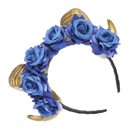 GANAZONO Gothic Stirnband mit Schwarzen Horn Design und Blauer Samtrose Halloween Kopfschmuck für Damen Leichtes Komfortables Haaraccessoire für Party Festival und Cosplay von GANAZONO