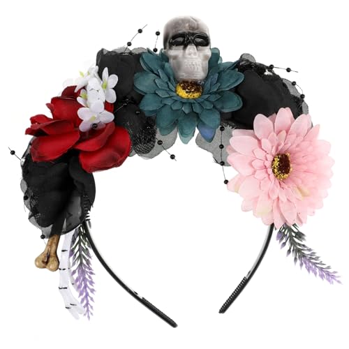 GANAZONO Halloween Haarschmuck Blumenkranz Stirnband mit Farbiger Stoffblume und Totenkopf Leichter Halloween Haarreif für Kostümpartys und Karneval Komfortabel und Realistisch Gestaltet von GANAZONO