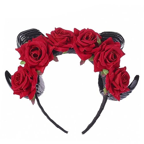GANAZONO Rotes Rosen Horn Stirnband Halloween Kopfschmuck Damen Cosplay Party Kostüm Haarschmuck Weiches Langlebiges Stirnband für Karneval und Themenpartys von GANAZONO