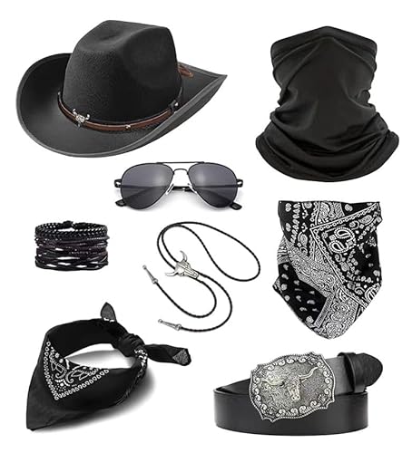 Western-Cowboy-Kostüm-Outfit für Herren und Damen, Cowboyhut, Gürtel, Halstuch, Gesichtsbedeckung, Zubehör für Halloween, Party, Cosplay, 8 Stück Western-Cowboy-Kostüm-Outfit für Herren und Damen, Cowboyhut, Gürtel, Halstuch, Gesichtsbedeckung, Zubehör für Halloween, Party, Cosplay, 8 Stück von GANDC