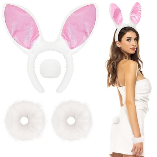 GANSHAYA 4 Stück Halloween Häschen Mädchen Zubehör Häschen Stirnband Schwanz Weiß Armbänder Kaninchen Kostüm für Frauen Halloween Cosplay Party Dress Up von GANSHAYA