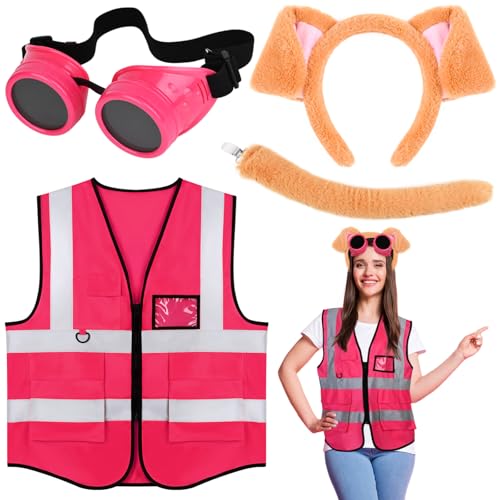 GANSHAYA 4-teiliges Halloween-Kostüm, Hunde-Ohren, Stirnband, Schwanz, reflektierende Sichtweste und Brille für Damen, Halloween, Cartoon-Charakter, Cosplay von GANSHAYA