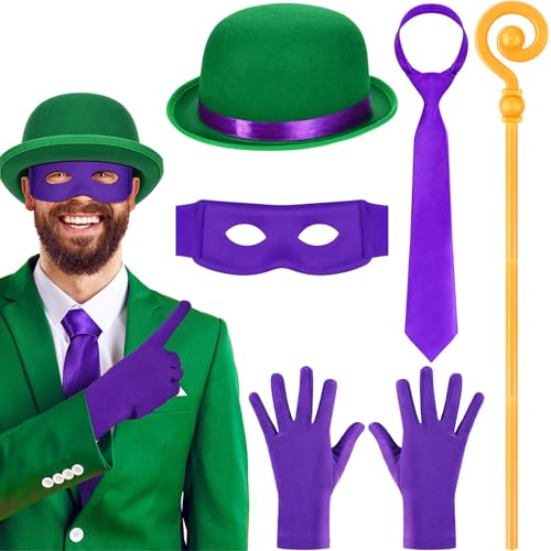 GANSHAYA 5 Stück Fragezeichen Kostüm Zubehör Grün Derby Hut Gold Fragezeichen Gehstock Augenmaske Handschuhe Krawatte für Erwachsene Damen Herren Halloween Party Cosplay Verkleiden von GANSHAYA