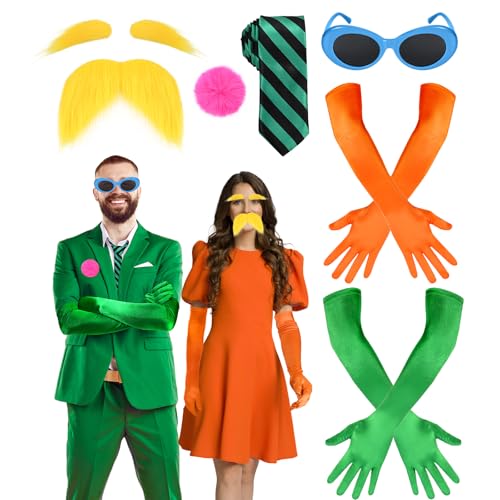 GANSHAYA 6 Stück Halloween-Buch-Figuren-Kostüm-Zubehör, Brille, lange Handschuhe, rosa Plüsch-Brosche, gestreifte Krawatte, Schnurrbart und Augenbrauen für Halloween, Erwachsene, Herren, Cosplay von GANSHAYA